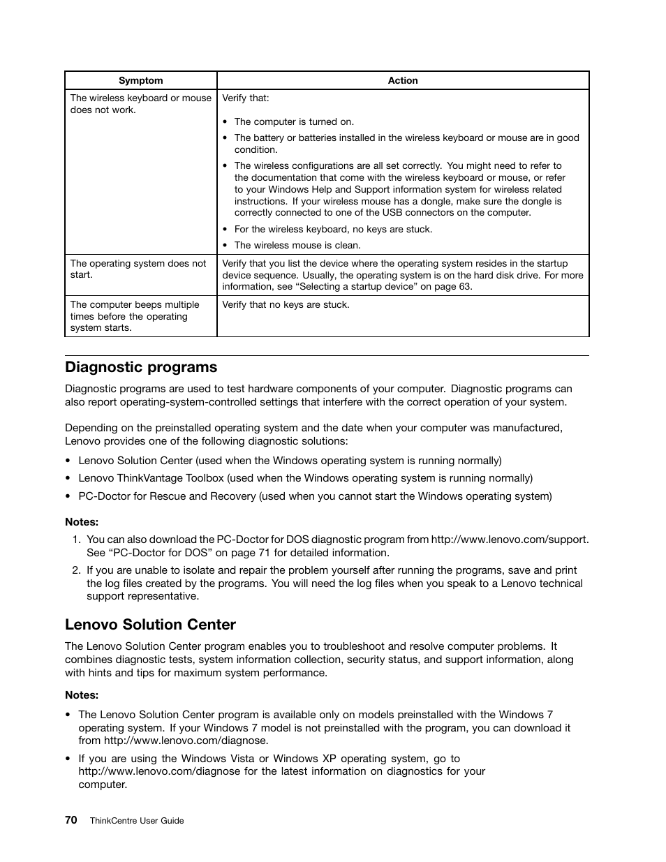 Diagnostic programs, Lenovo solution center | Lenovo 5248 User Manual | Page 78 / 98