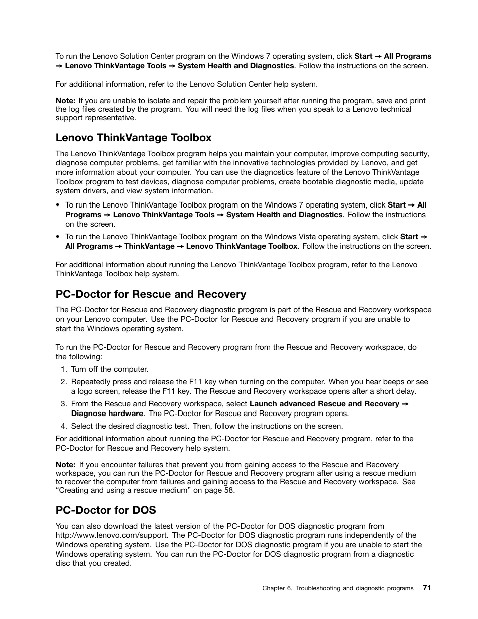 Lenovo thinkvantage toolbox, Pc-doctor for rescue and recovery, Pc-doctor for dos | Lenovo 5248 User Manual | Page 79 / 98