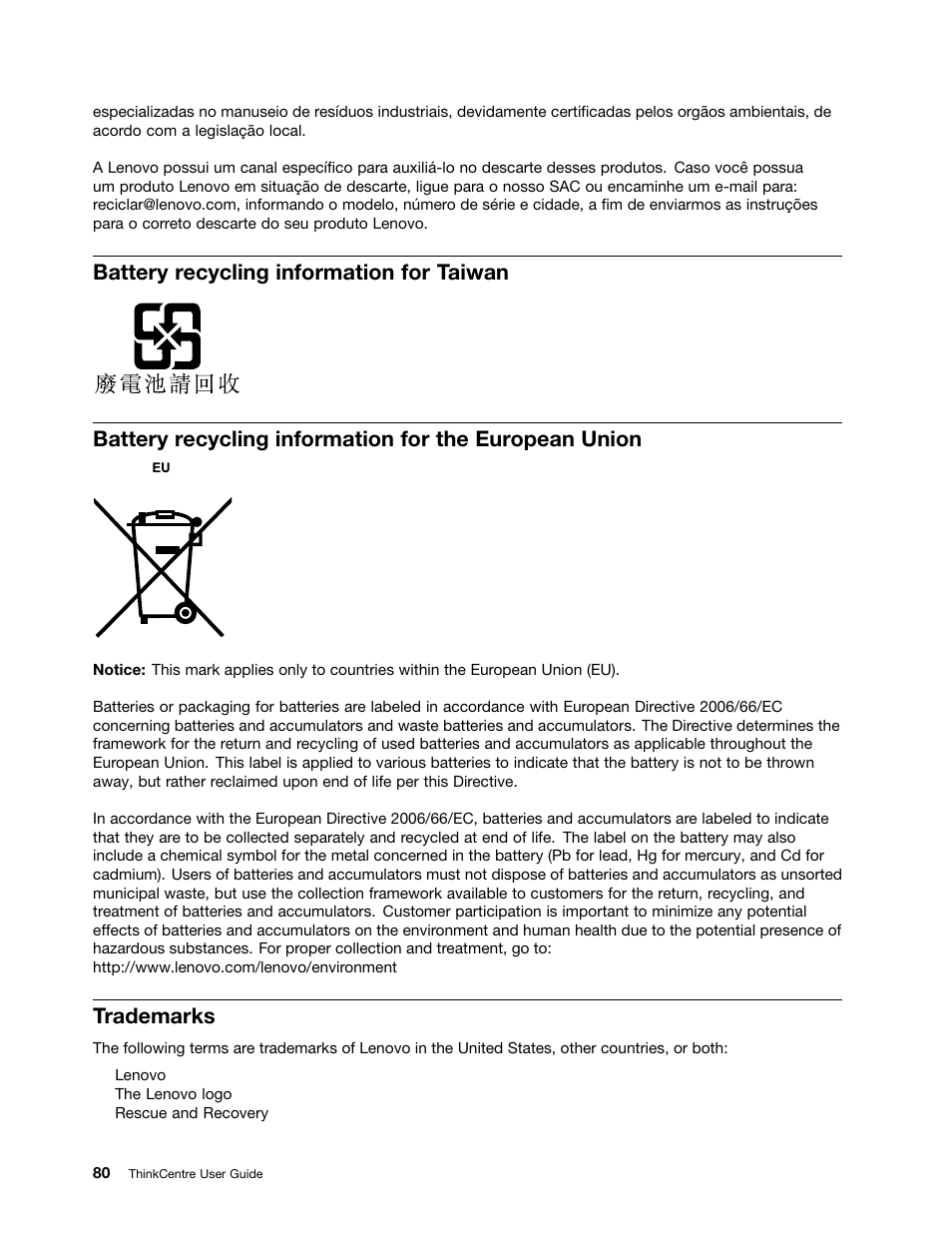 Battery recycling information for taiwan, Trademarks | Lenovo 5248 User Manual | Page 88 / 98