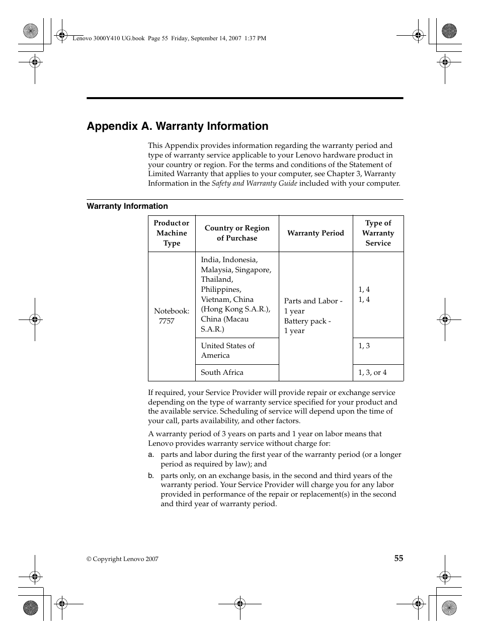 Appendix a. warranty information | Lenovo 3000 Y410 User Manual | Page 63 / 86