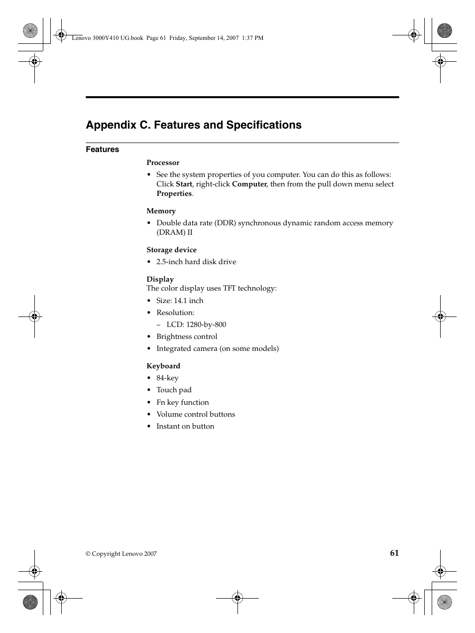 Appendix c. features and specifications | Lenovo 3000 Y410 User Manual | Page 69 / 86