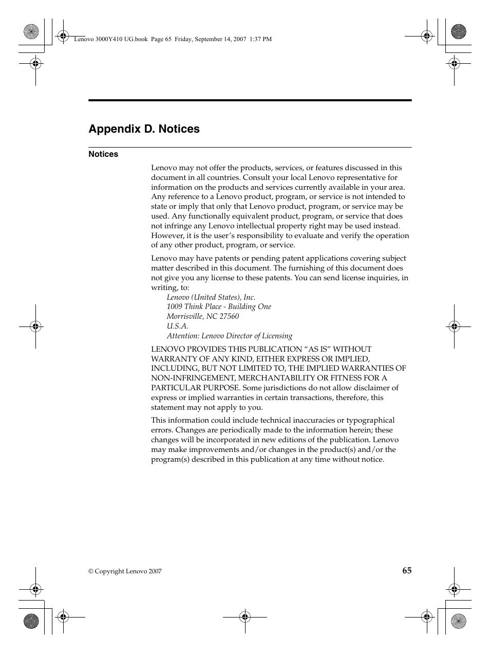 Appendix d. notices | Lenovo 3000 Y410 User Manual | Page 73 / 86