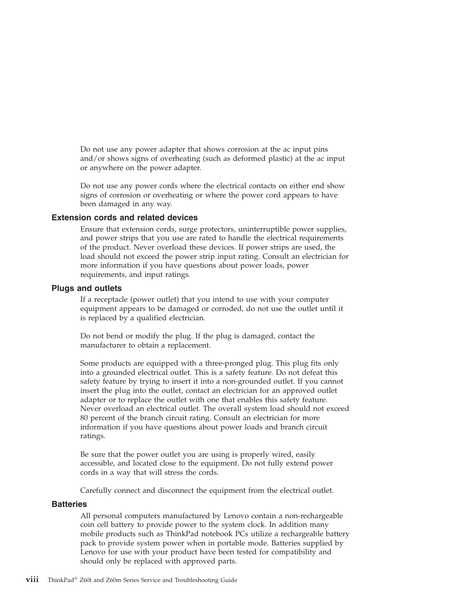 Extension cords and related devices, Plugs and outlets, Batteries | Extension, Cords, Related, Devices, Viii, Plugs, Outlets | Lenovo Z60T User Manual | Page 10 / 112