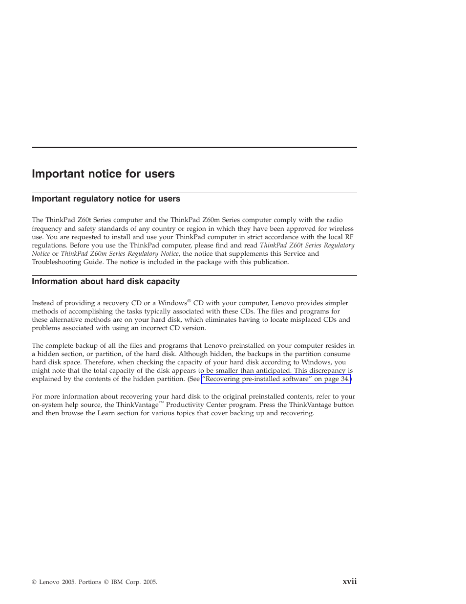 Important notice for users, Important regulatory notice for users, Information about hard disk capacity | Important, Notice, Users, Xvii, Regulatory, Information, About | Lenovo Z60T User Manual | Page 19 / 112