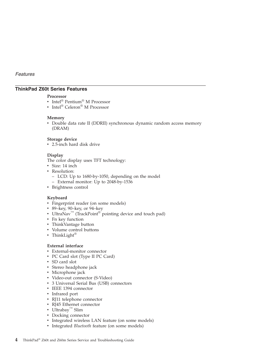 Thinkpad z60t series features, Thinkpad, Z60t | Series, Features | Lenovo Z60T User Manual | Page 26 / 112