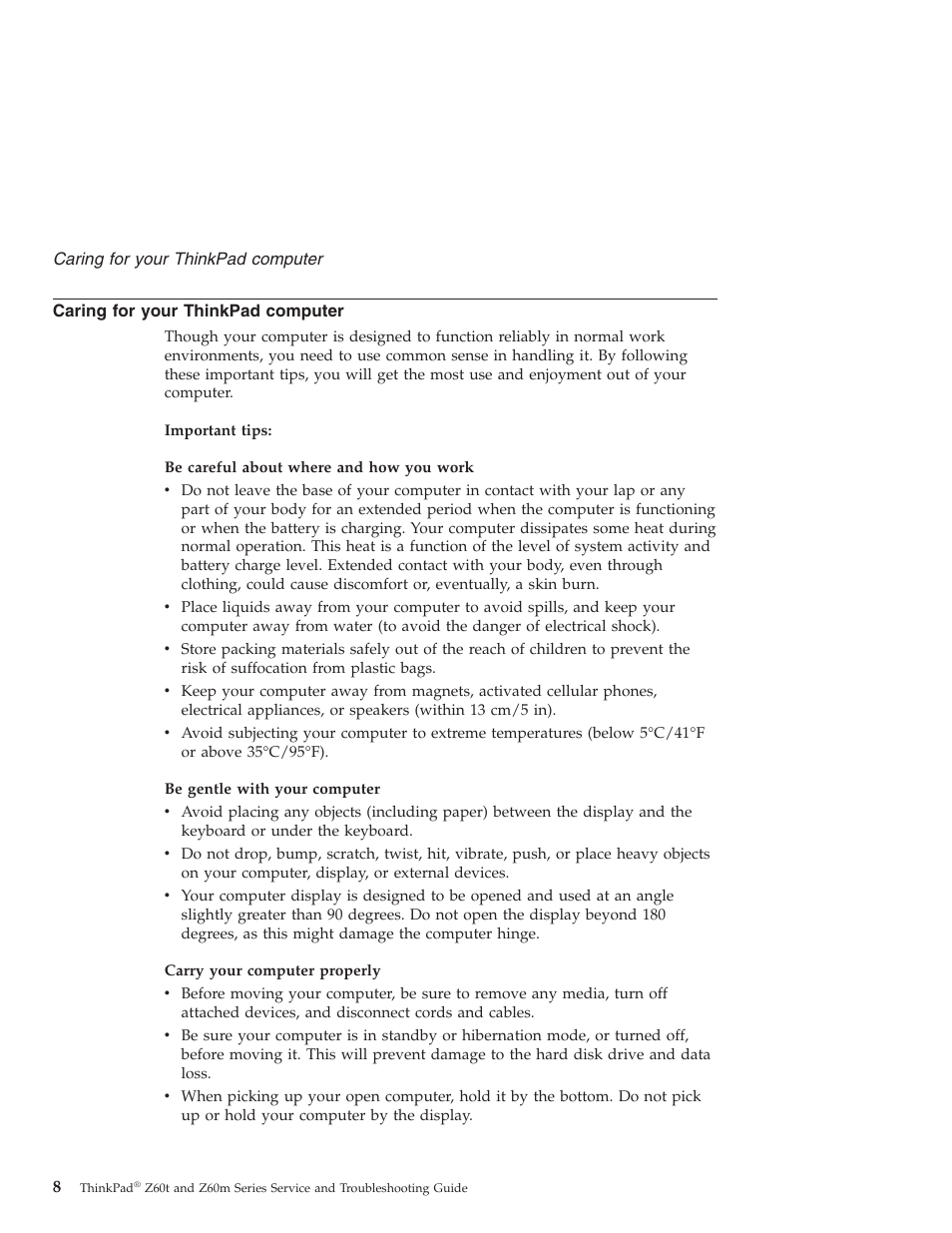 Caring for your thinkpad computer, Caring, Your | Thinkpad, Computer | Lenovo Z60T User Manual | Page 30 / 112