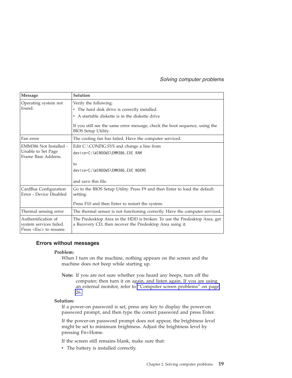 Errors without messages, Errors, Without | Messages | Lenovo Z60T User Manual | Page 41 / 112