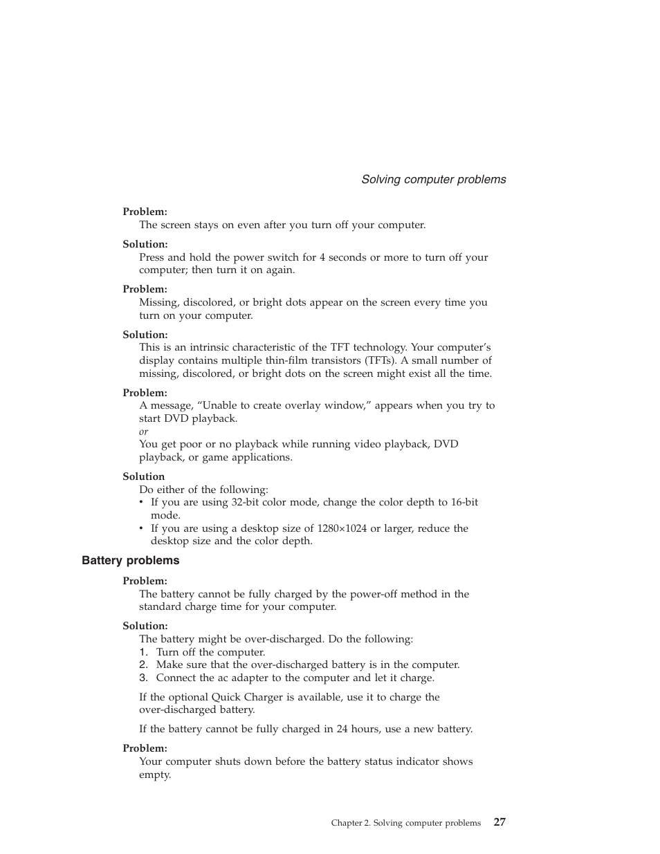 Battery problems, Battery, Problems | Lenovo Z60T User Manual | Page 49 / 112