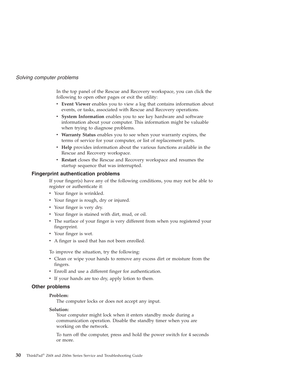 Fingerprint authentication problems, Other problems, Fingerprint | Authentication, Problems, Other | Lenovo Z60T User Manual | Page 52 / 112