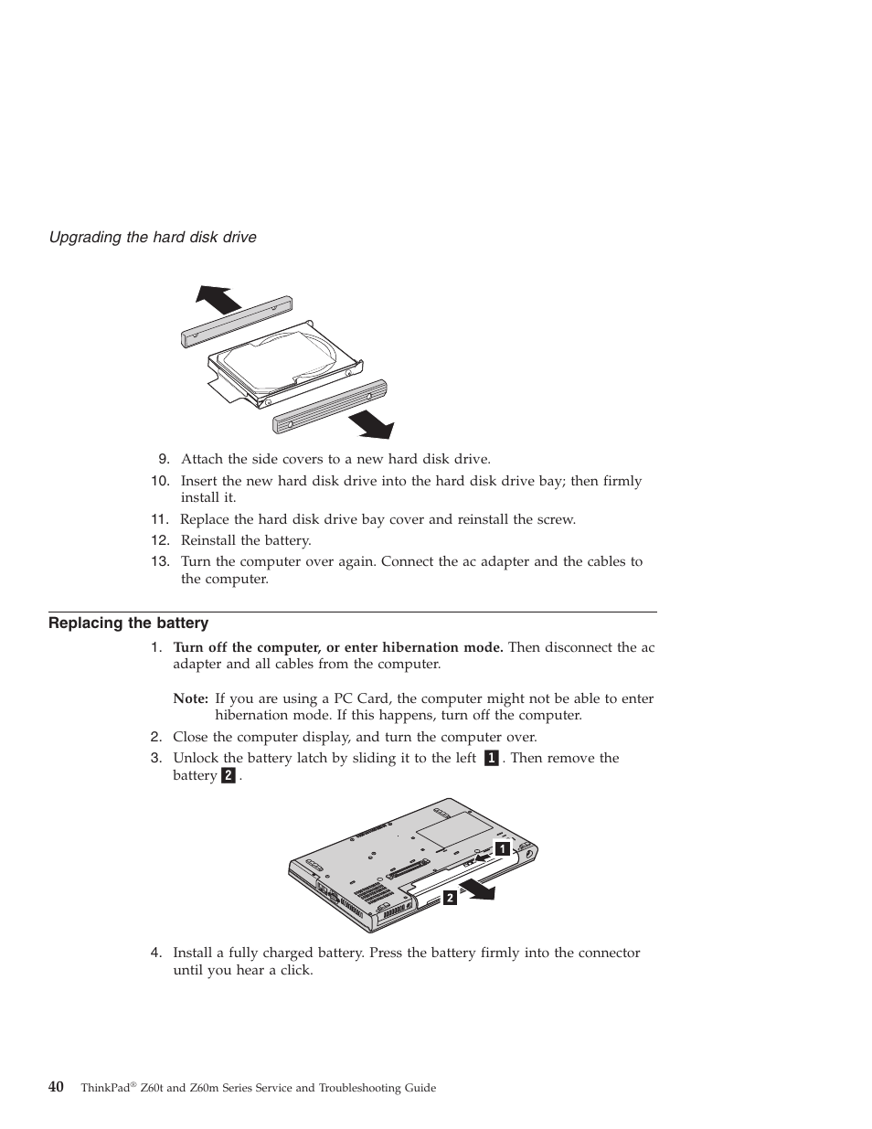 Replacing the battery, Replacing, Battery | Lenovo Z60T User Manual | Page 62 / 112