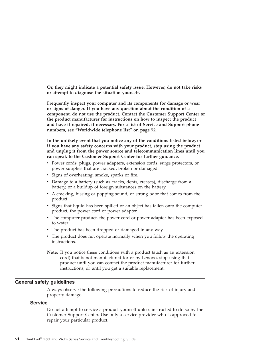 General safety guidelines, Service, General | Safety, Guidelines | Lenovo Z60T User Manual | Page 8 / 112