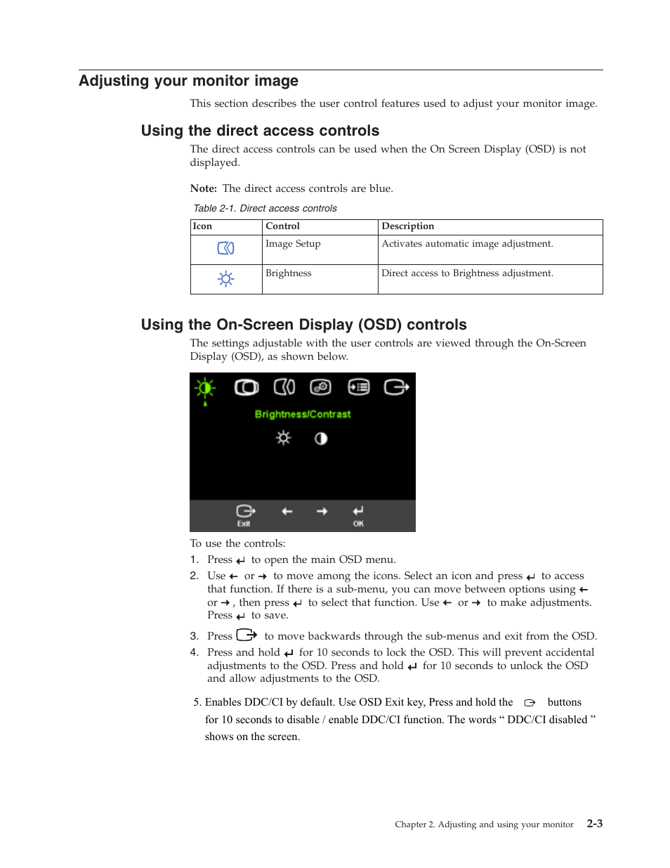 Adjusting your monitor image, Using the direct access controls, Using the on-screen display (osd) controls | Adjusting, Your, Monitor, Image, Using, Direct, Access | Lenovo 4428-AB1 User Manual | Page 12 / 30