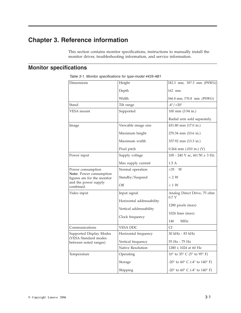 Chapter 3. reference information, Monitor specifications, Chapter | Reference, Information, Monitor, Specifications | Lenovo 4428-AB1 User Manual | Page 17 / 30