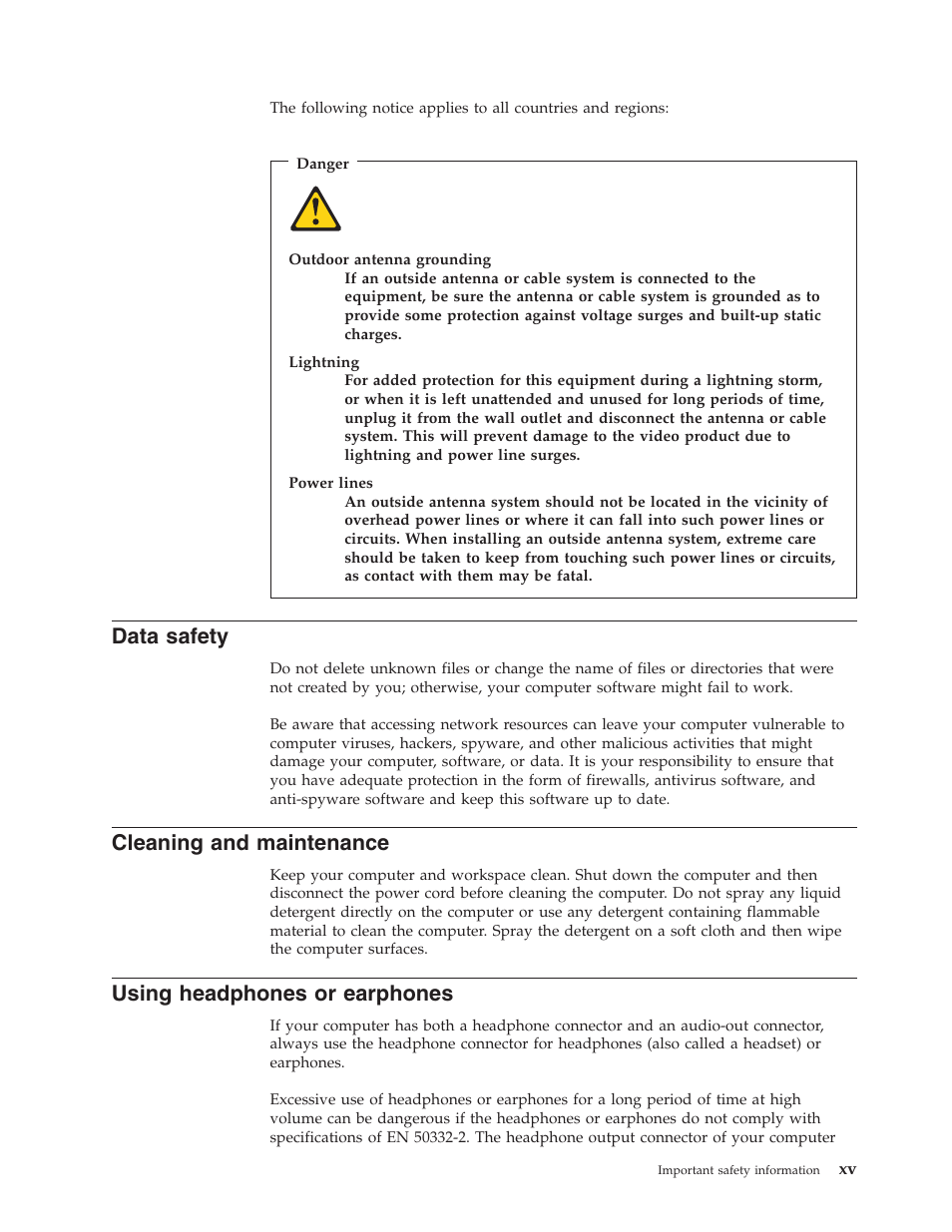 Data safety, Cleaning and maintenance, Using headphones or earphones | Data, Safety, Cleaning, Maintenance, Using, Headphones, Earphones | Lenovo 6491 User Manual | Page 17 / 98