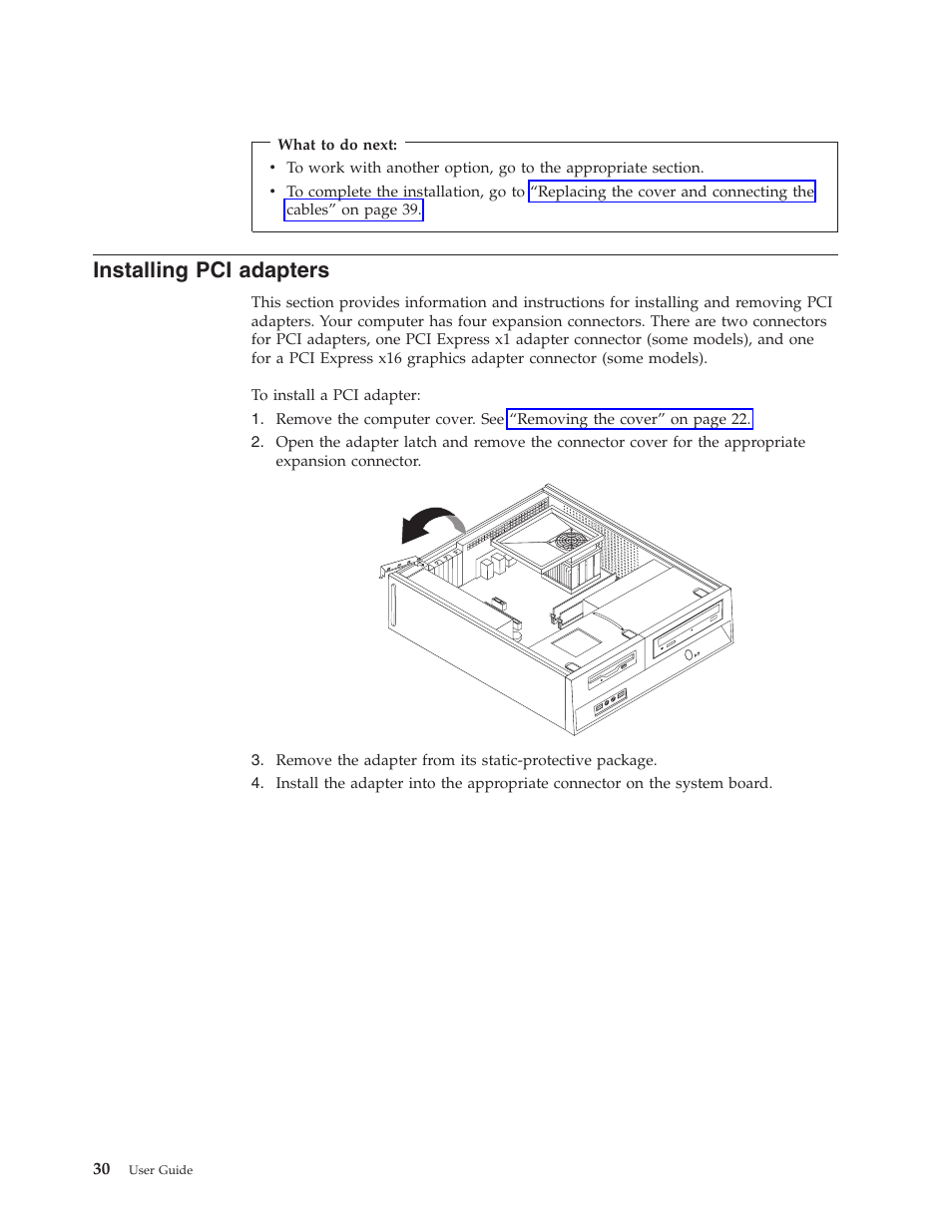 Installing pci adapters, Installing, Adapters | Lenovo 6491 User Manual | Page 50 / 98