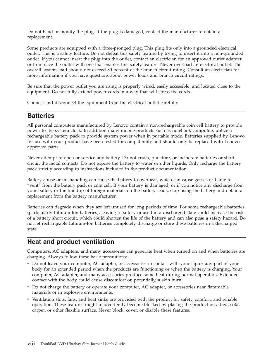 Batteries, Heat and product ventilation, Viii | Heat, Product, Ventilation | Lenovo ThinkPad 41N5647 User Manual | Page 10 / 46