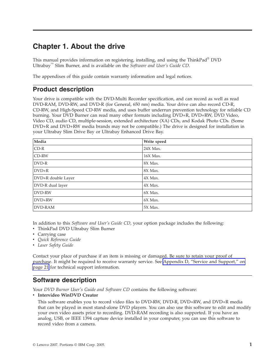 Chapter 1. about the drive, Product description, Software description | Chapter, About, Drive, Product, Description, Software | Lenovo ThinkPad 41N5647 User Manual | Page 11 / 46