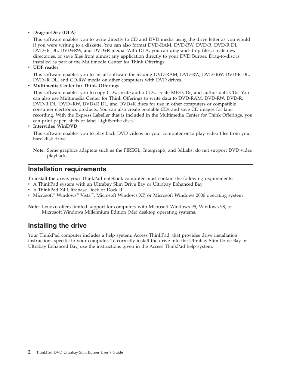 Installation requirements, Installing the drive, Installation | Requirements, Installing, Drive | Lenovo ThinkPad 41N5647 User Manual | Page 12 / 46