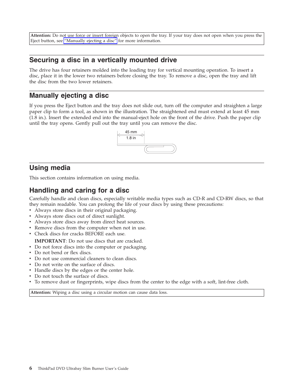 Securing a disc in a vertically mounted drive, Manually ejecting a disc, Using media | Handling and caring for a disc, Securing, Disc, Vertically, Mounted, Drive, Manually | Lenovo ThinkPad 41N5647 User Manual | Page 16 / 46