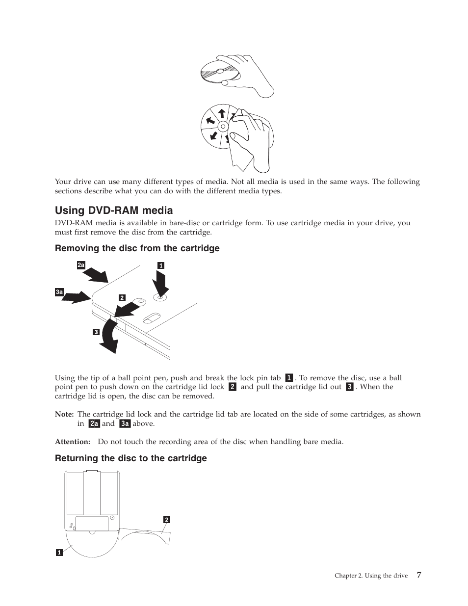 Using dvd-ram media, Removing the disc from the cartridge, Returning the disc to the cartridge | Using, Dvd-ram, Media | Lenovo ThinkPad 41N5647 User Manual | Page 17 / 46