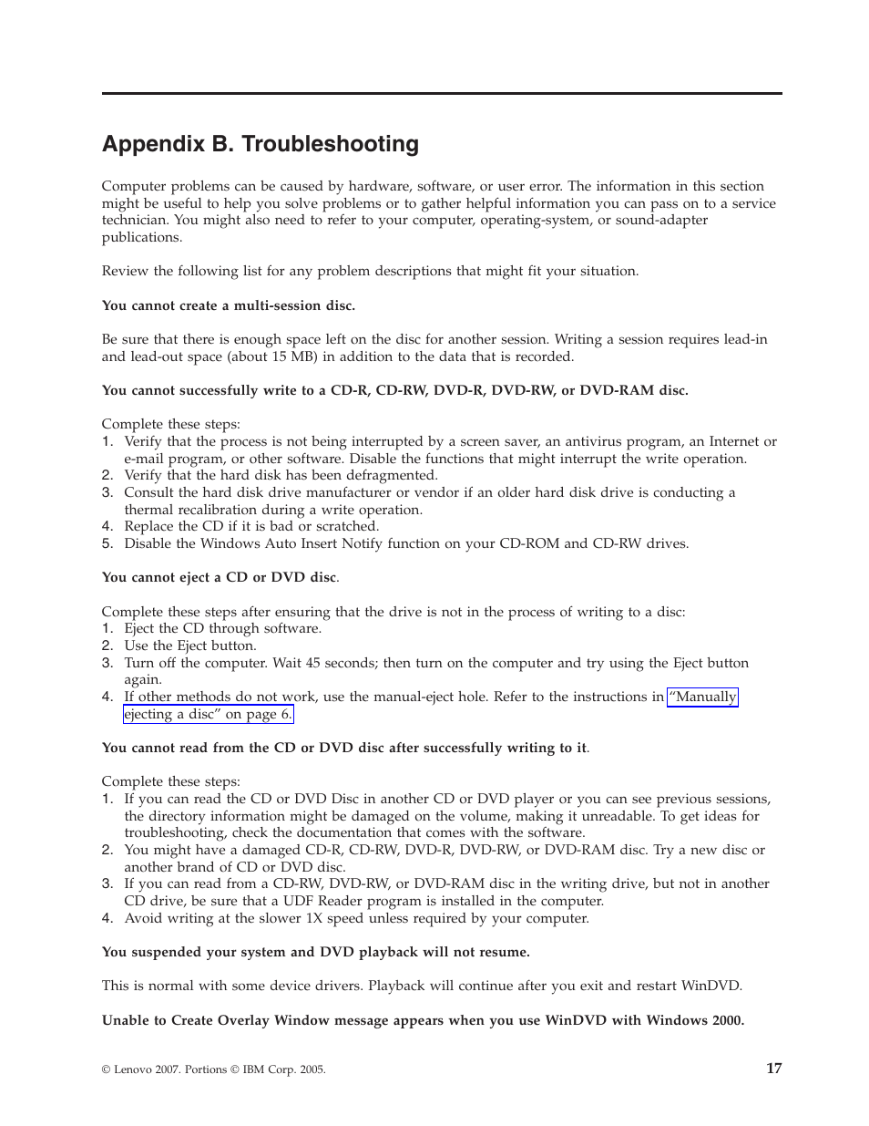 Appendix b. troubleshooting, Appendix, Troubleshooting | Lenovo ThinkPad 41N5647 User Manual | Page 27 / 46