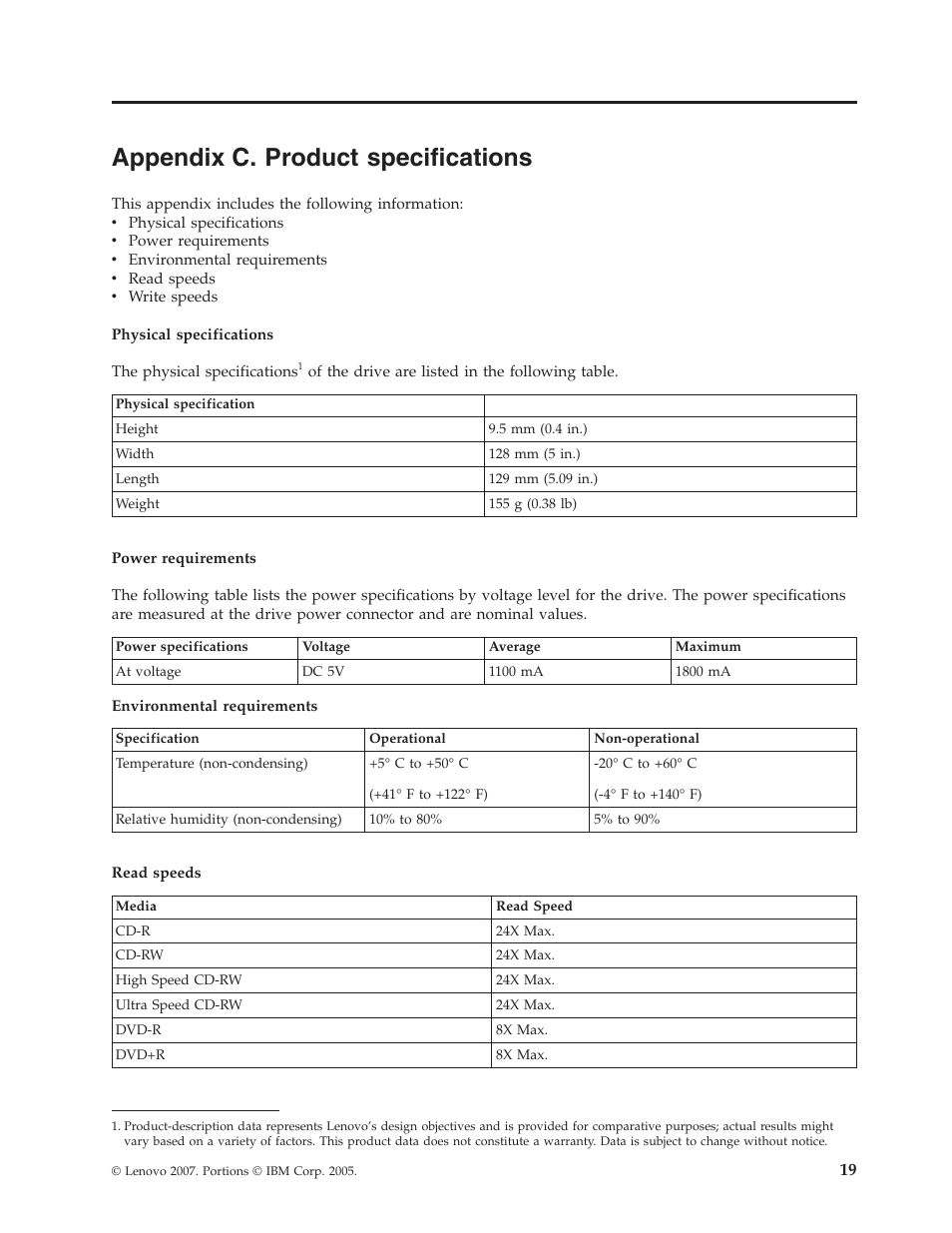 Appendix c. product specifications, Appendix, Product | Specifications | Lenovo ThinkPad 41N5647 User Manual | Page 29 / 46