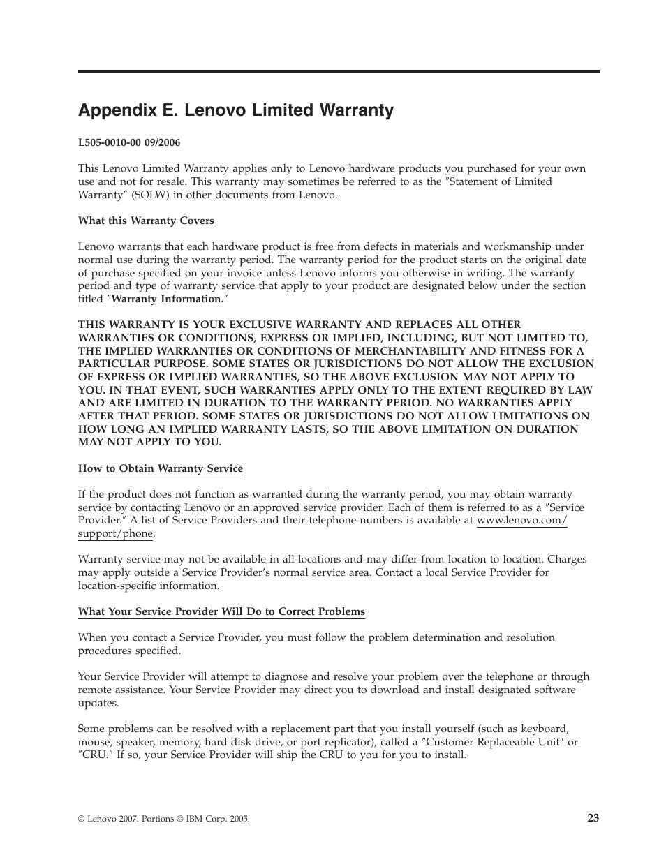 Appendix e. lenovo limited warranty, Appendix, Lenovo | Limited, Warranty | Lenovo ThinkPad 41N5647 User Manual | Page 33 / 46