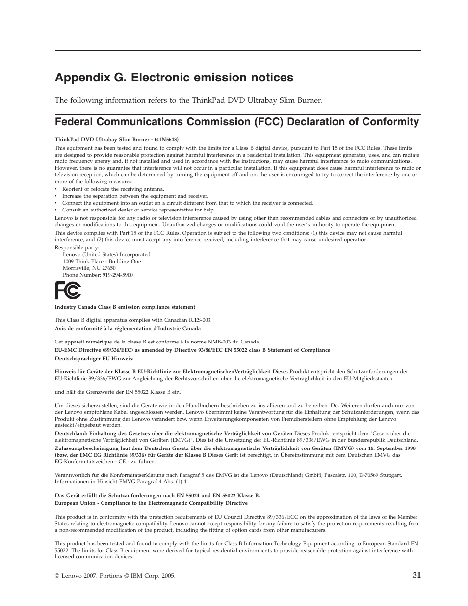 Appendix g. electronic emission notices, Appendix, Electronic | Emission, Notices, Federal, Communications, Commission, Fcc), Declaration | Lenovo ThinkPad 41N5647 User Manual | Page 41 / 46