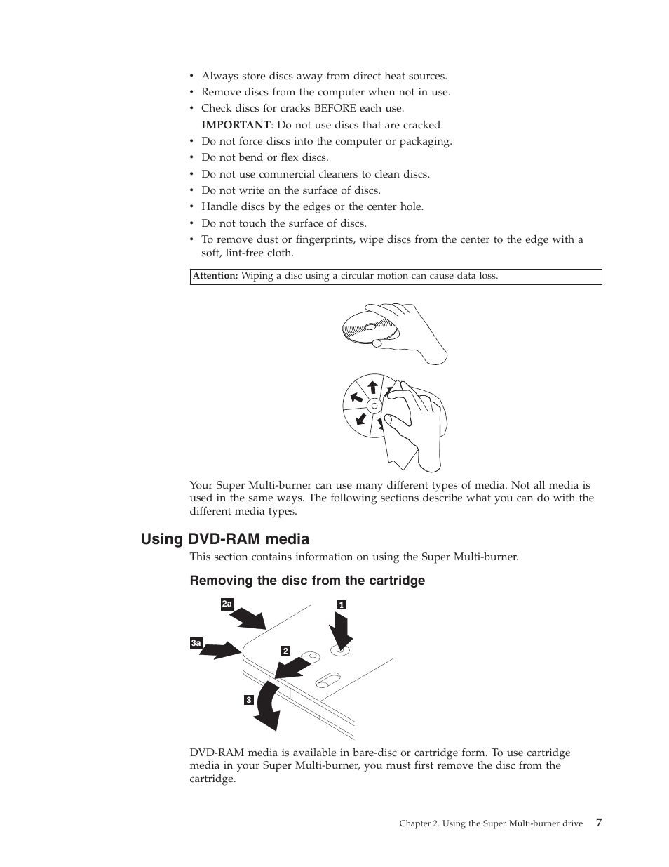 Using dvd-ram media, Removing the disc from the cartridge, Using | Dvd-ram, Media, Removing, Disc, From, Cartridge | Lenovo ThinkPad 40Y8706 User Manual | Page 21 / 62