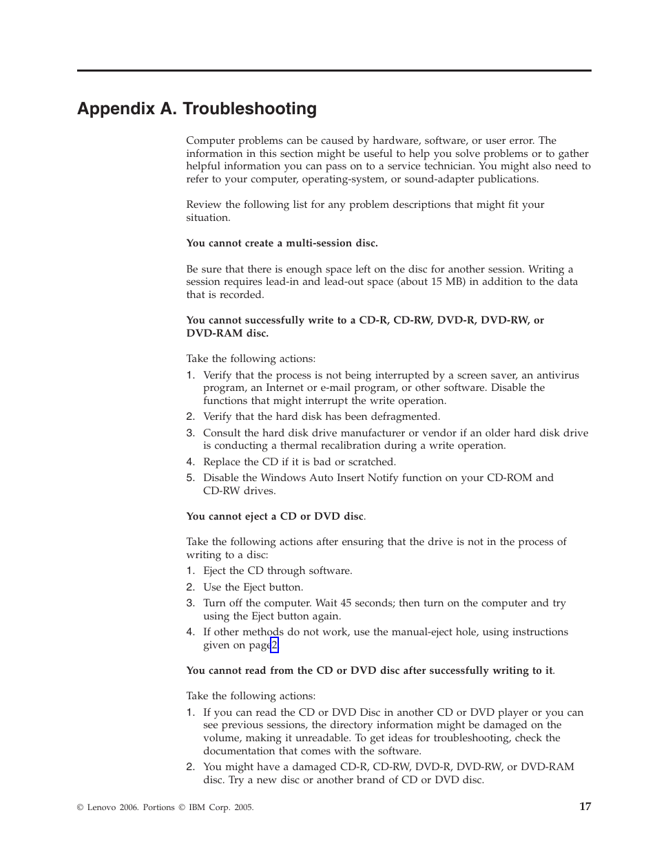 Appendix a. troubleshooting, Appendix, Troubleshooting | Lenovo ThinkPad 40Y8706 User Manual | Page 31 / 62