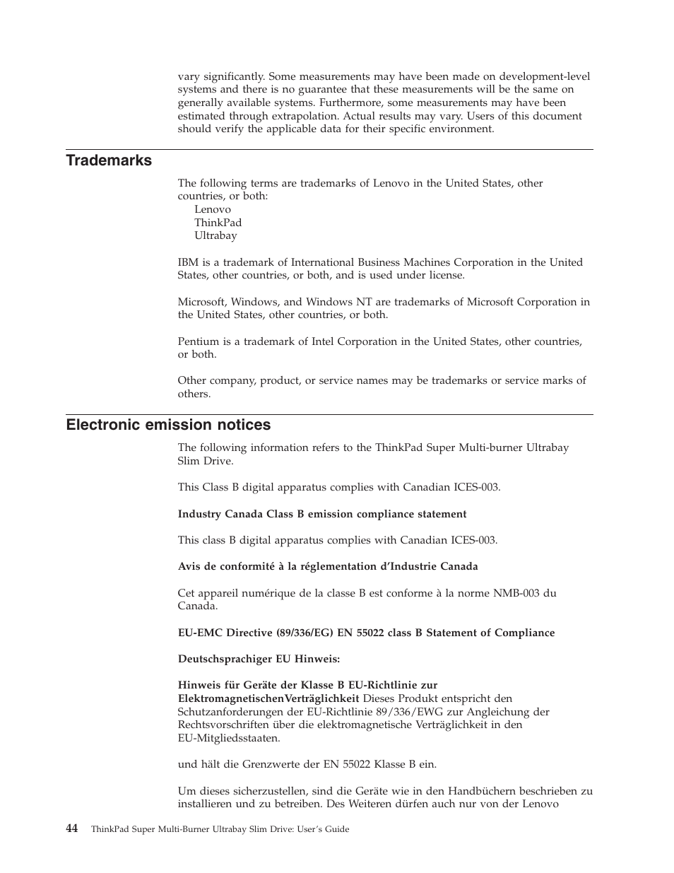 Trademarks, Electronic emission notices, Electronic | Emission, Notices | Lenovo ThinkPad 40Y8706 User Manual | Page 58 / 62