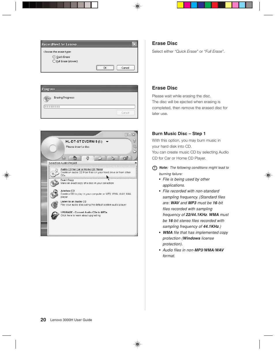 Erase disc | Lenovo 3000H User Manual | Page 23 / 51