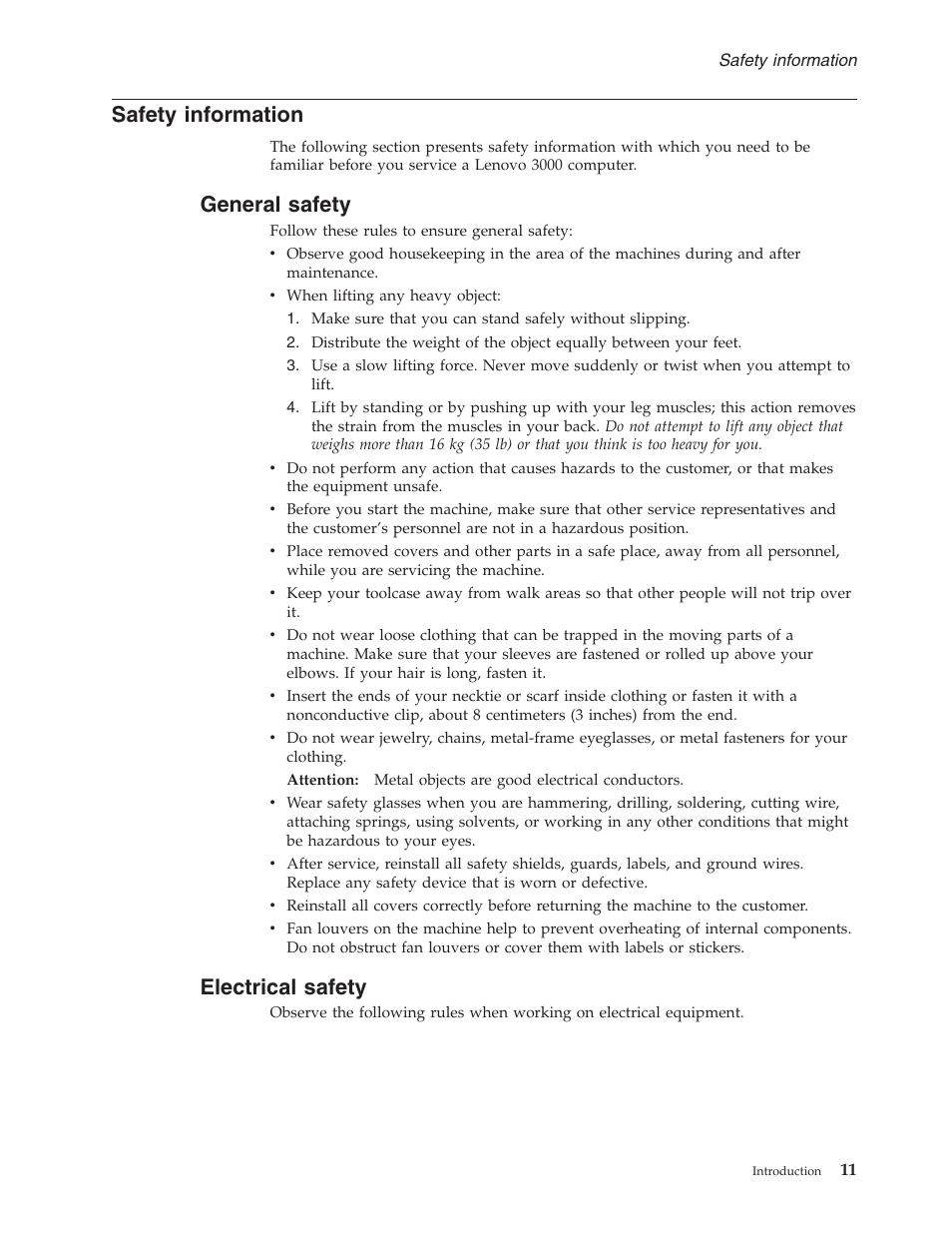 Safety information, General safety, Electrical safety | Safety, Information, General, Electrical | Lenovo 3000 C200 User Manual | Page 17 / 104