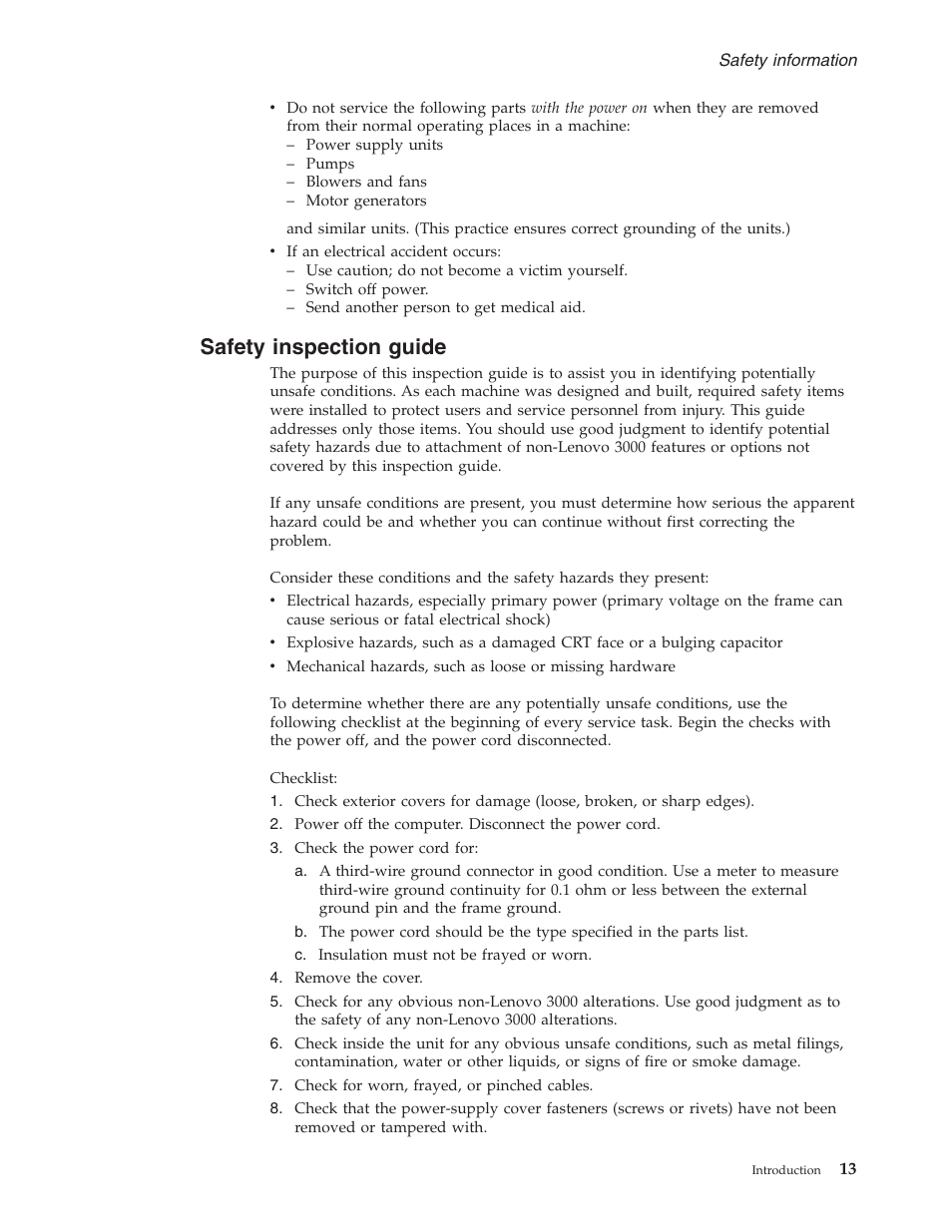 Safety inspection guide, Safety, Inspection | Guide | Lenovo 3000 C200 User Manual | Page 19 / 104