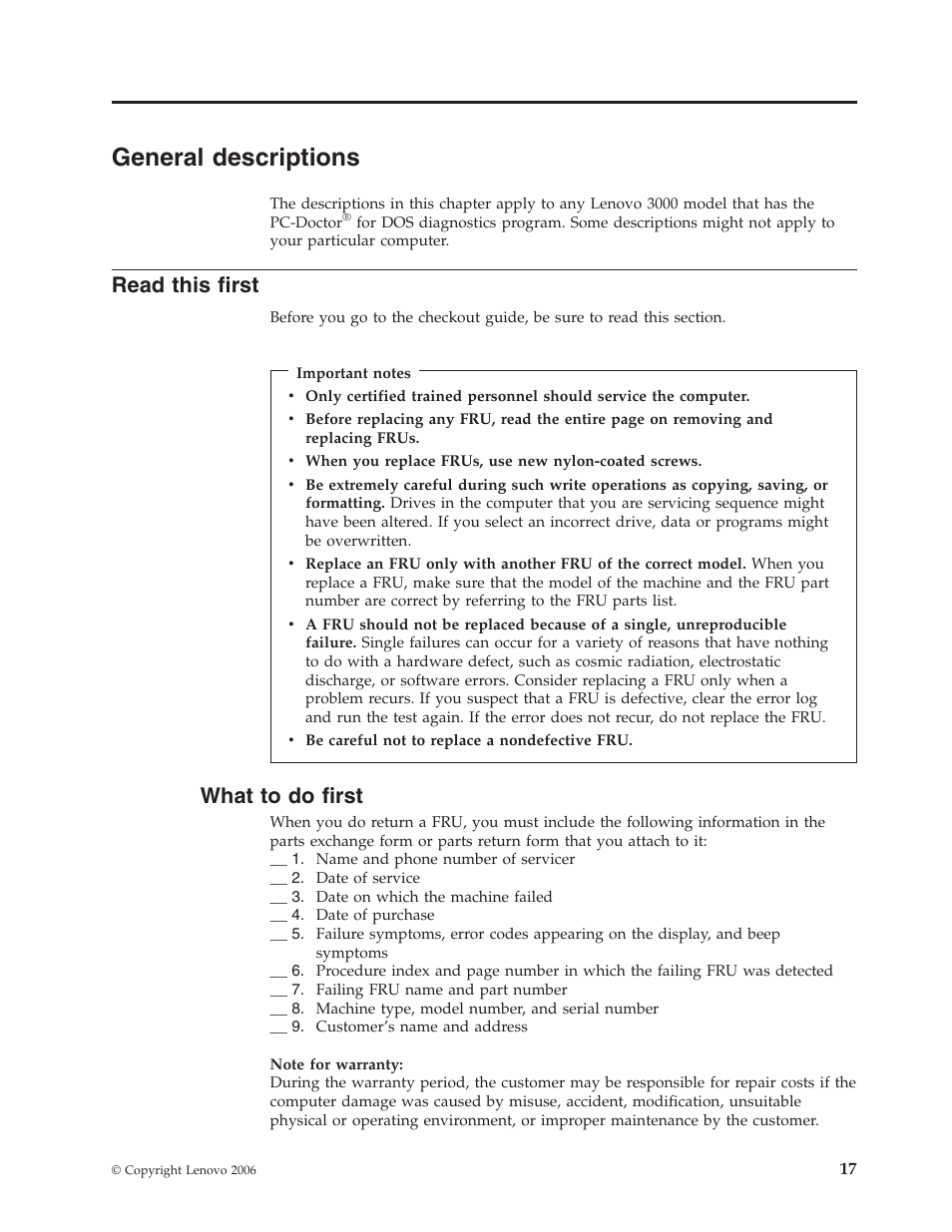 General descriptions, Read this first, What to do first | General, Descriptions, Read, This, First, What | Lenovo 3000 C200 User Manual | Page 23 / 104