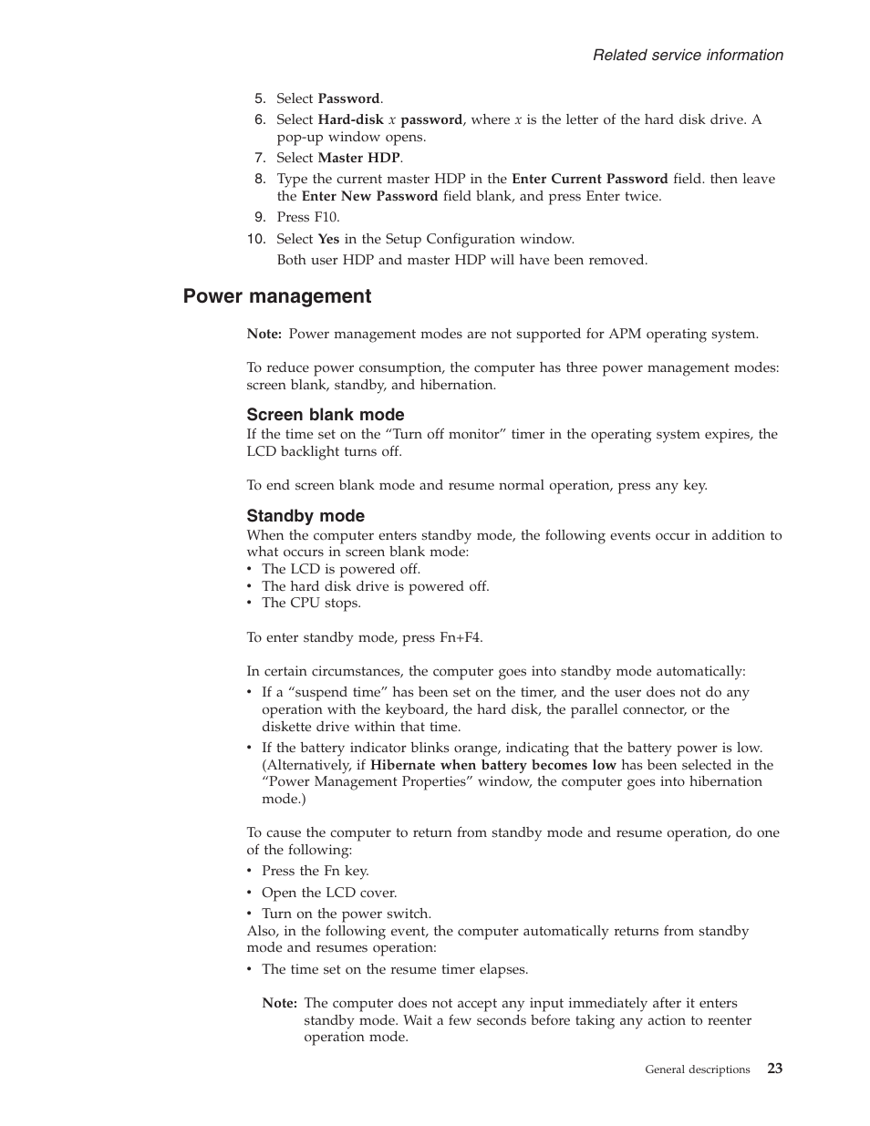 Power management, Screen blank mode, Standby mode | Power, Management, Screen, Blank, Mode, Standby | Lenovo 3000 C200 User Manual | Page 29 / 104