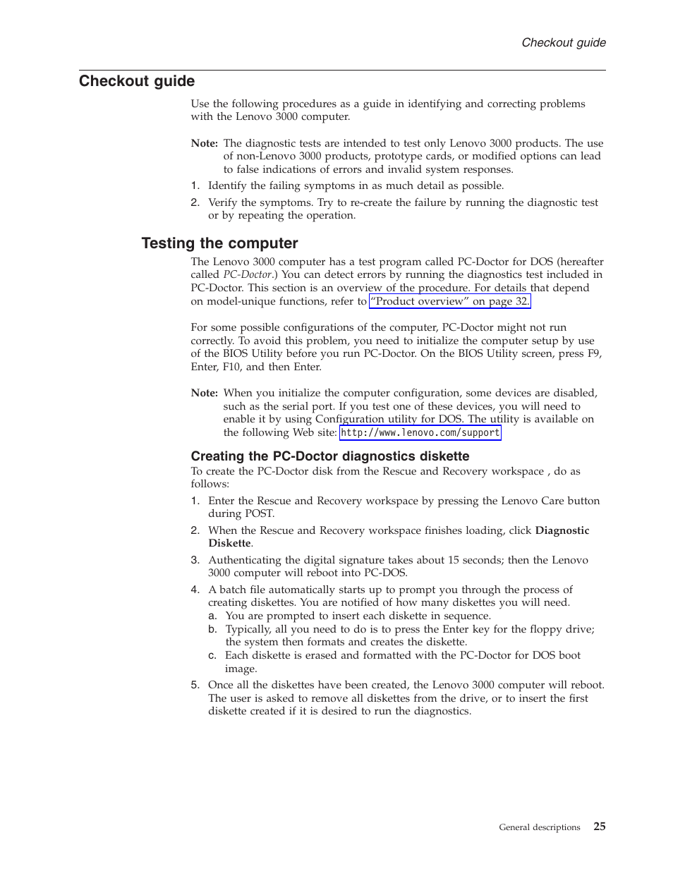 Checkout guide, Testing the computer, Creating the pc-doctor diagnostics diskette | Checkout, Guide, Testing, Computer | Lenovo 3000 C200 User Manual | Page 31 / 104
