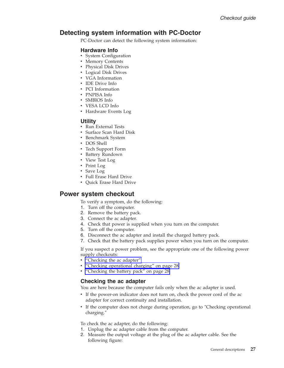 Detecting system information with pc-doctor, Hardware info, Utility | Power system checkout, Checking the ac adapter, Detecting, System, Information, With, Pc-doctor | Lenovo 3000 C200 User Manual | Page 33 / 104