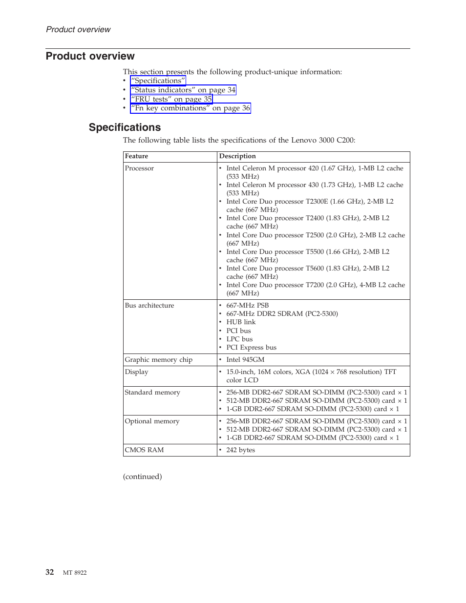 Product overview, Specifications, Product | Overview | Lenovo 3000 C200 User Manual | Page 38 / 104