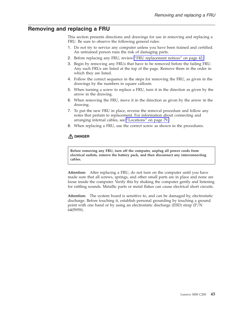 Removing and replacing a fru, Removing, Replacing | Lenovo 3000 C200 User Manual | Page 51 / 104