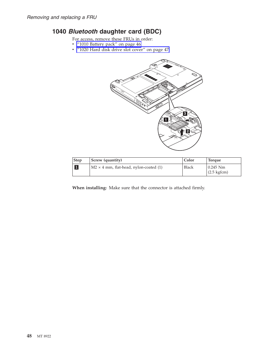 1040 bluetooth daughter card (bdc), Bluetooth, Daughter | Card, Bdc) | Lenovo 3000 C200 User Manual | Page 54 / 104