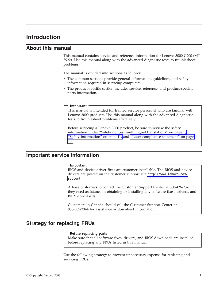 Introduction, About this manual, Important service information | Strategy for replacing frus, About, This, Manual, Important, Service, Information | Lenovo 3000 C200 User Manual | Page 7 / 104