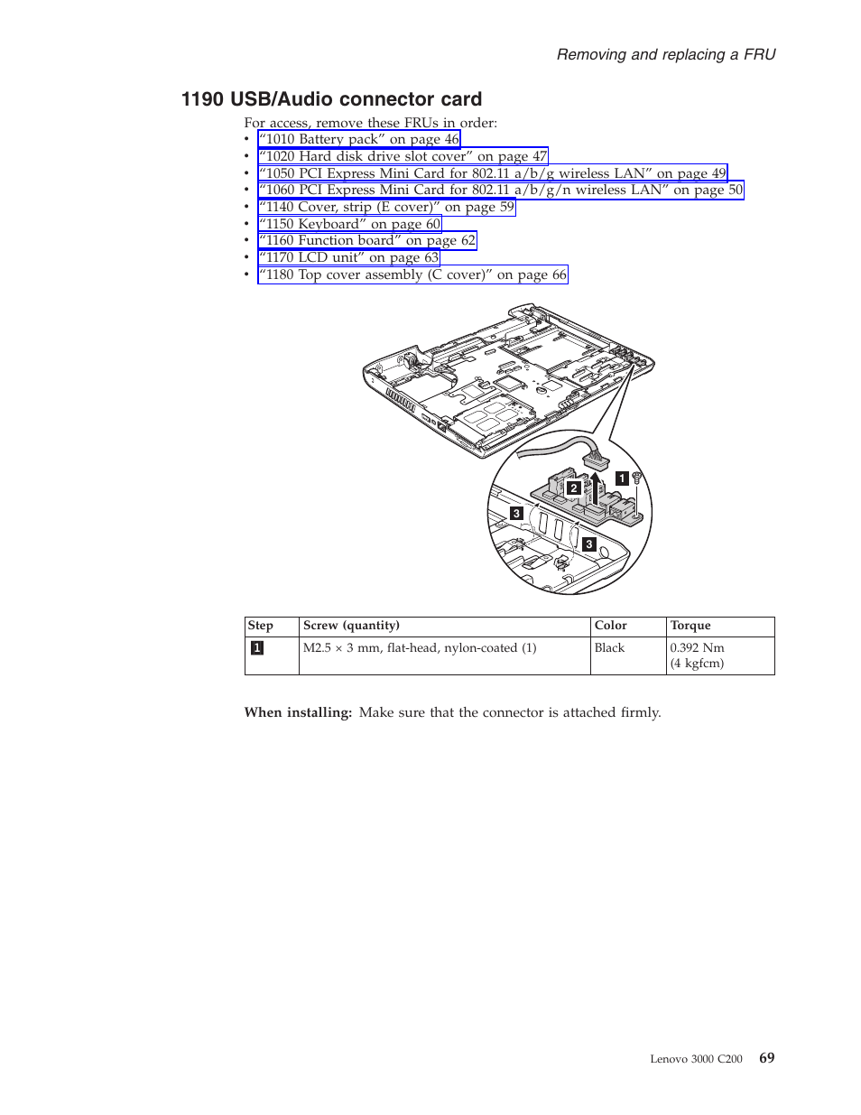 1190 usb/audio connector card, Usb/audio, Connector | Card | Lenovo 3000 C200 User Manual | Page 75 / 104