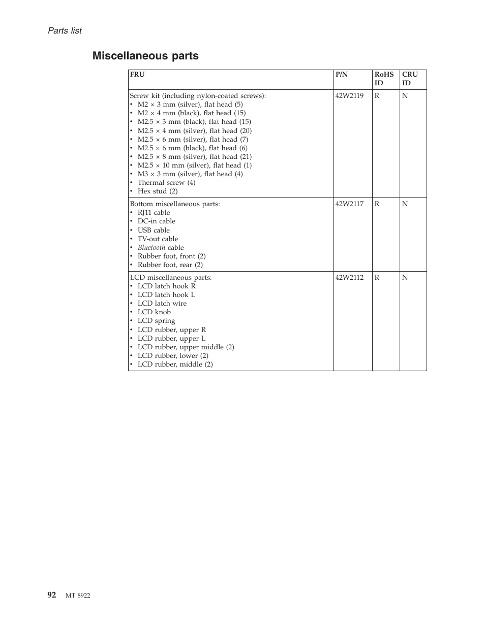 Miscellaneous parts, Miscellaneous, Parts | Lenovo 3000 C200 User Manual | Page 98 / 104