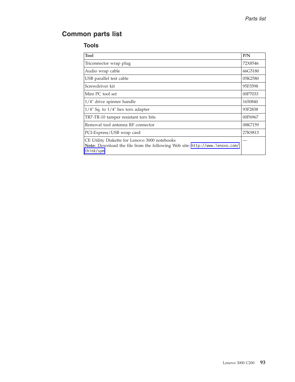 Common parts list, Tools, Common | Parts, List | Lenovo 3000 C200 User Manual | Page 99 / 104