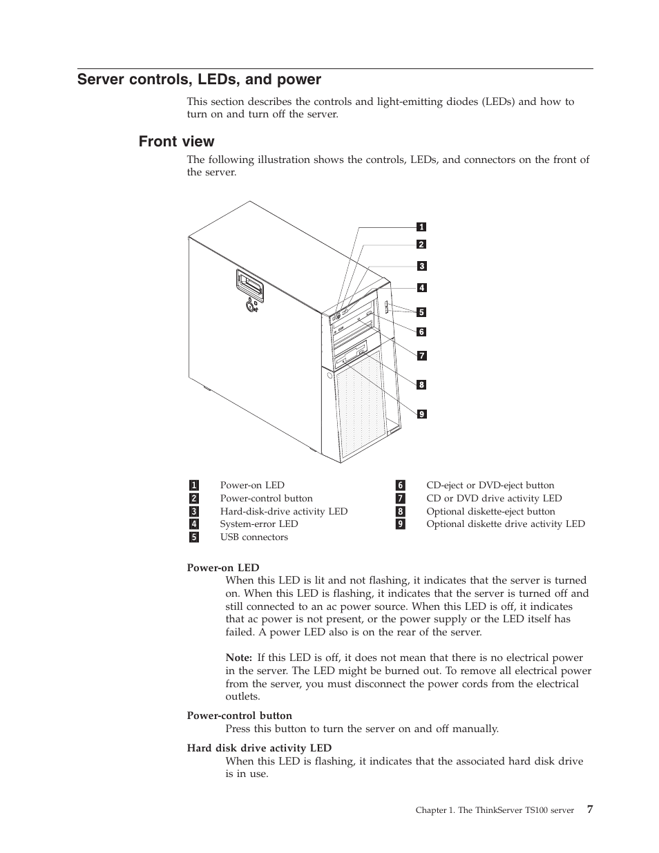 Server controls, leds, and power, Front view, Server | Controls, Leds, Power, Front, View | Lenovo 6434 User Manual | Page 21 / 96