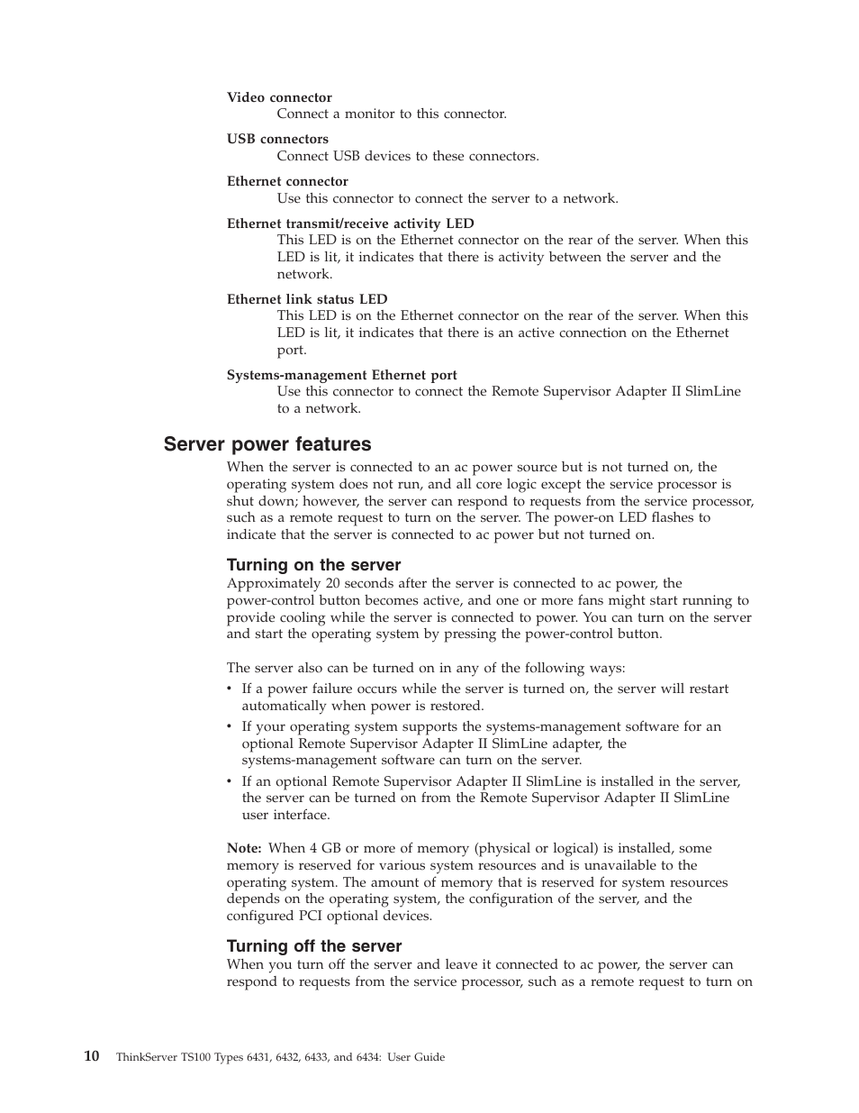 Server power features, Turning on the server, Turning off the server | Server, Power, Features, Turning | Lenovo 6434 User Manual | Page 24 / 96
