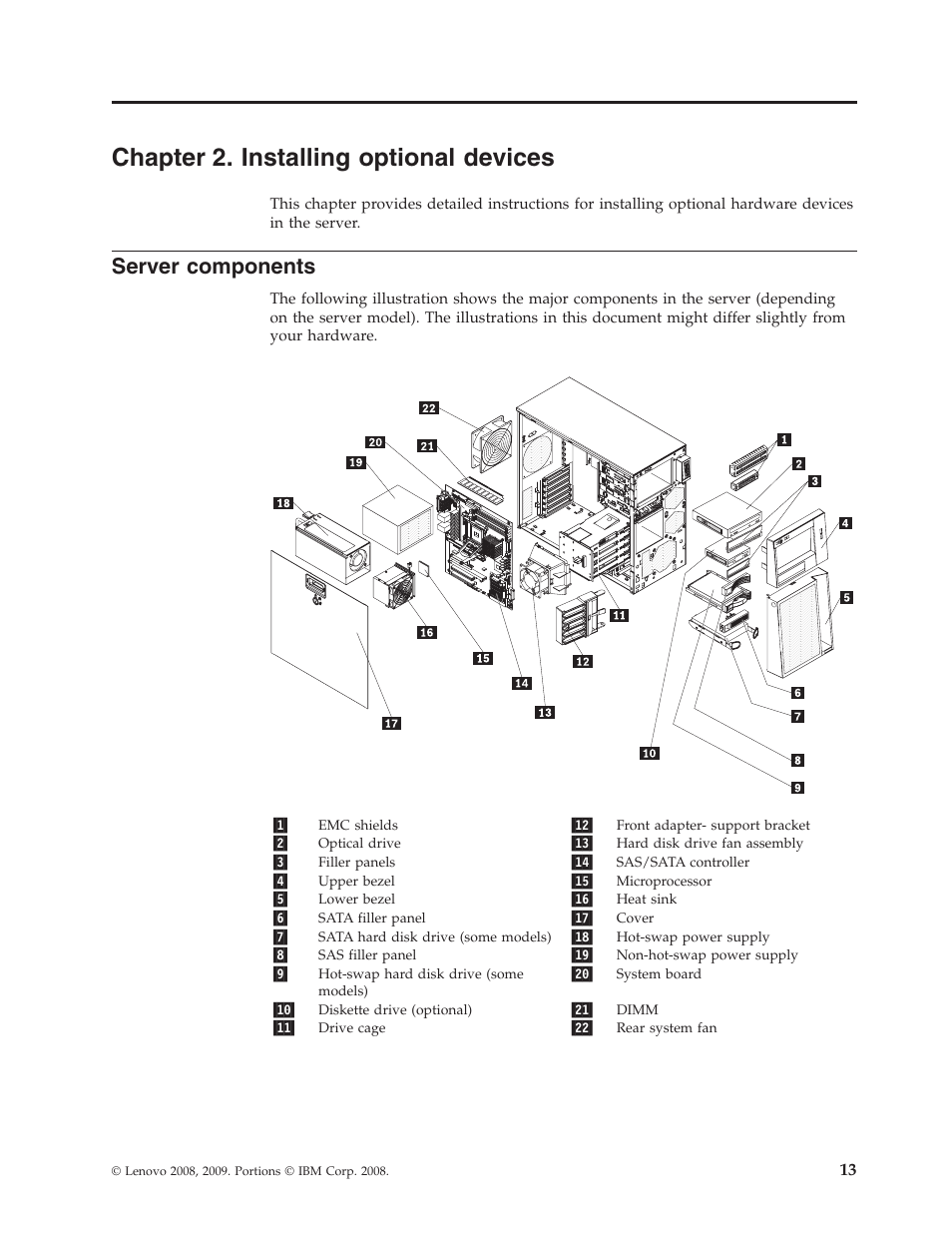 Chapter 2. installing optional devices, Server components, Chapter | Installing, Optional, Devices, Server, Components | Lenovo 6434 User Manual | Page 27 / 96