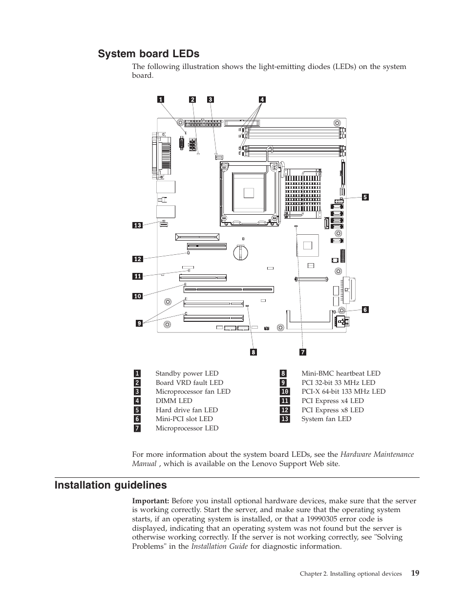 System board leds, Installation guidelines, System | Board, Leds, Installation, Guidelines | Lenovo 6434 User Manual | Page 33 / 96