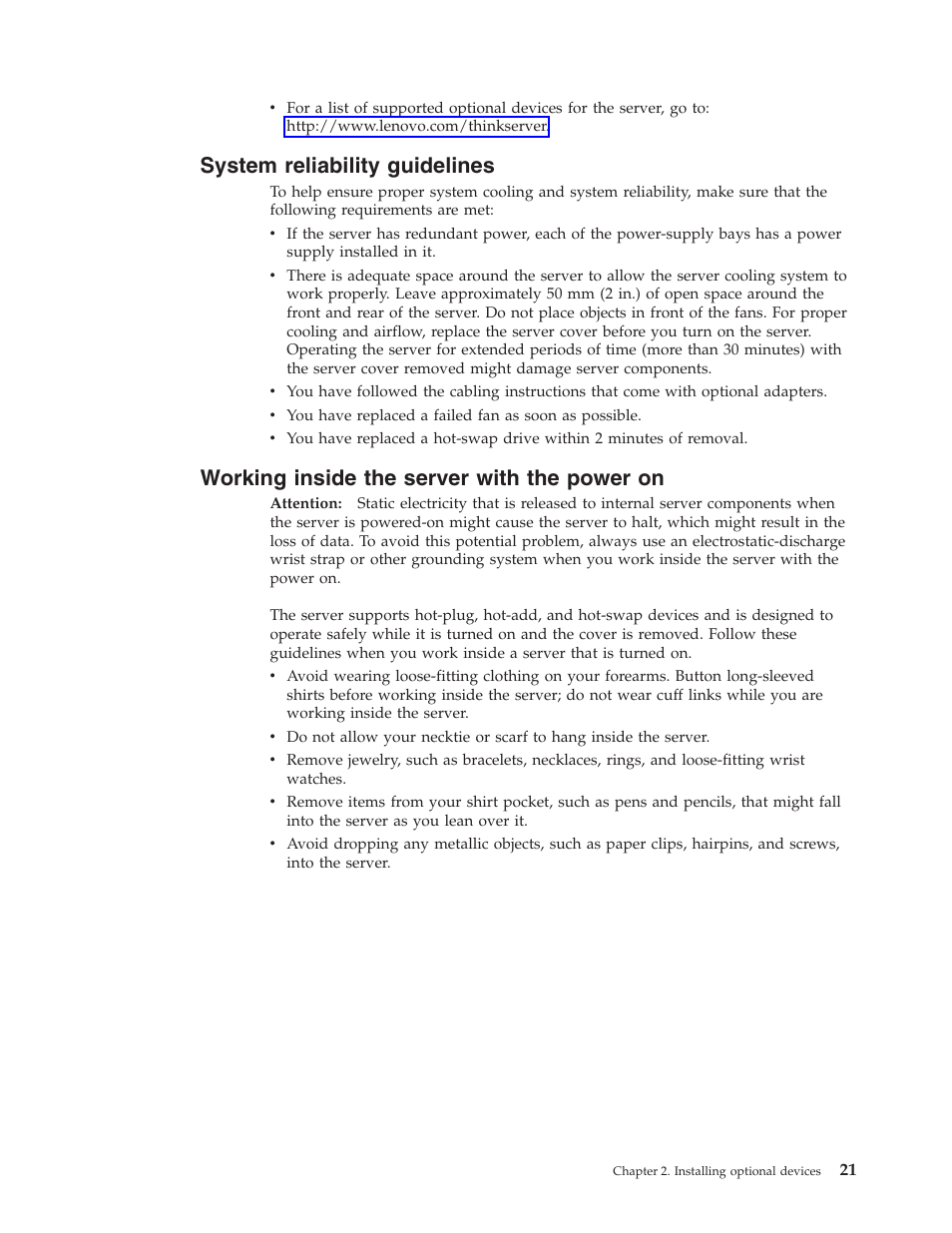 System reliability guidelines, Working inside the server with the power on, System | Reliability, Guidelines, Working, Inside, Server, With, Power | Lenovo 6434 User Manual | Page 35 / 96